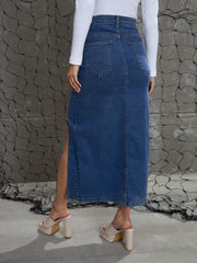 Women Blue Blast Front Slit Maxi Skirt-SFSKRT30503