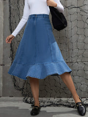 Women Blue Washed Denim Flared Hem Skirt-SFSKRT30505
