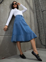Women Blue Washed Denim Flared Hem Skirt-SFSKRT30505