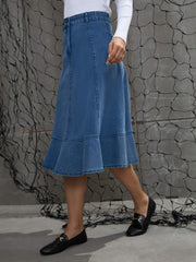 Women Blue Washed Denim Flared Hem Skirt-SFSKRT30505