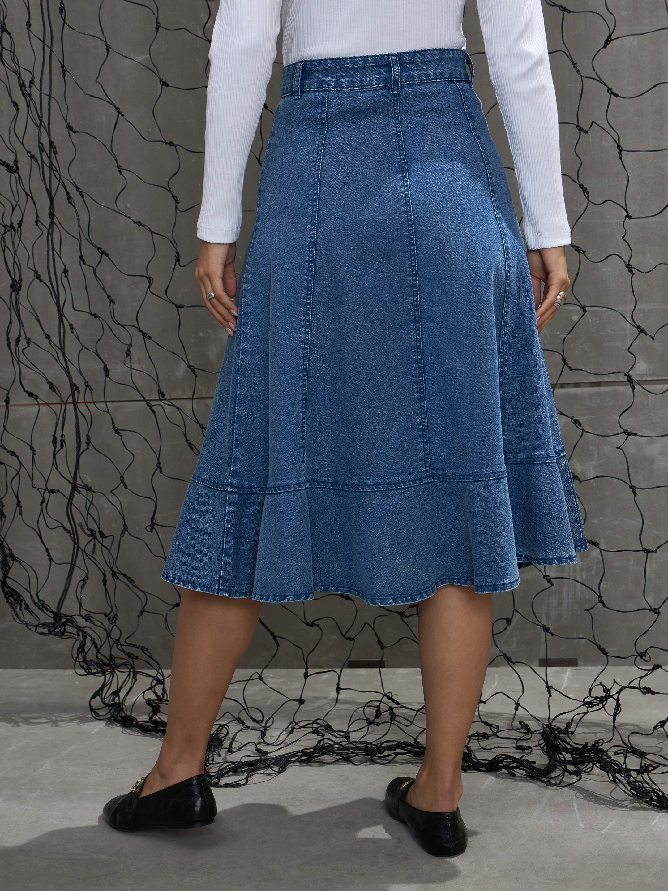 Women Blue Washed Denim Flared Hem Skirt-SFSKRT30505