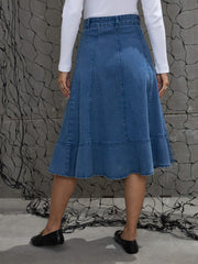 Women Blue Washed Denim Flared Hem Skirt-SFSKRT30505