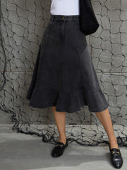 Women Black Washed Denim Flared Hem Skirt-SFSKRT30506