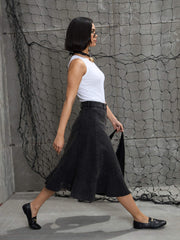 Women Black Washed Denim Flared Hem Skirt-SFSKRT30506