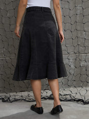 Women Black Washed Denim Flared Hem Skirt-SFSKRT30506