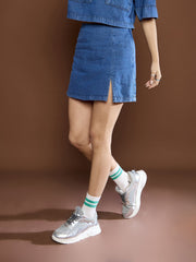 Women Blue Denim Front Slit Skorts-SFSKRT30507