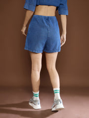 Women Blue Denim Front Slit Skorts-SFSKRT30507