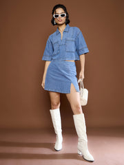 Women Blue Blast Denim Front Slit Skorts-SFSKRT30508
