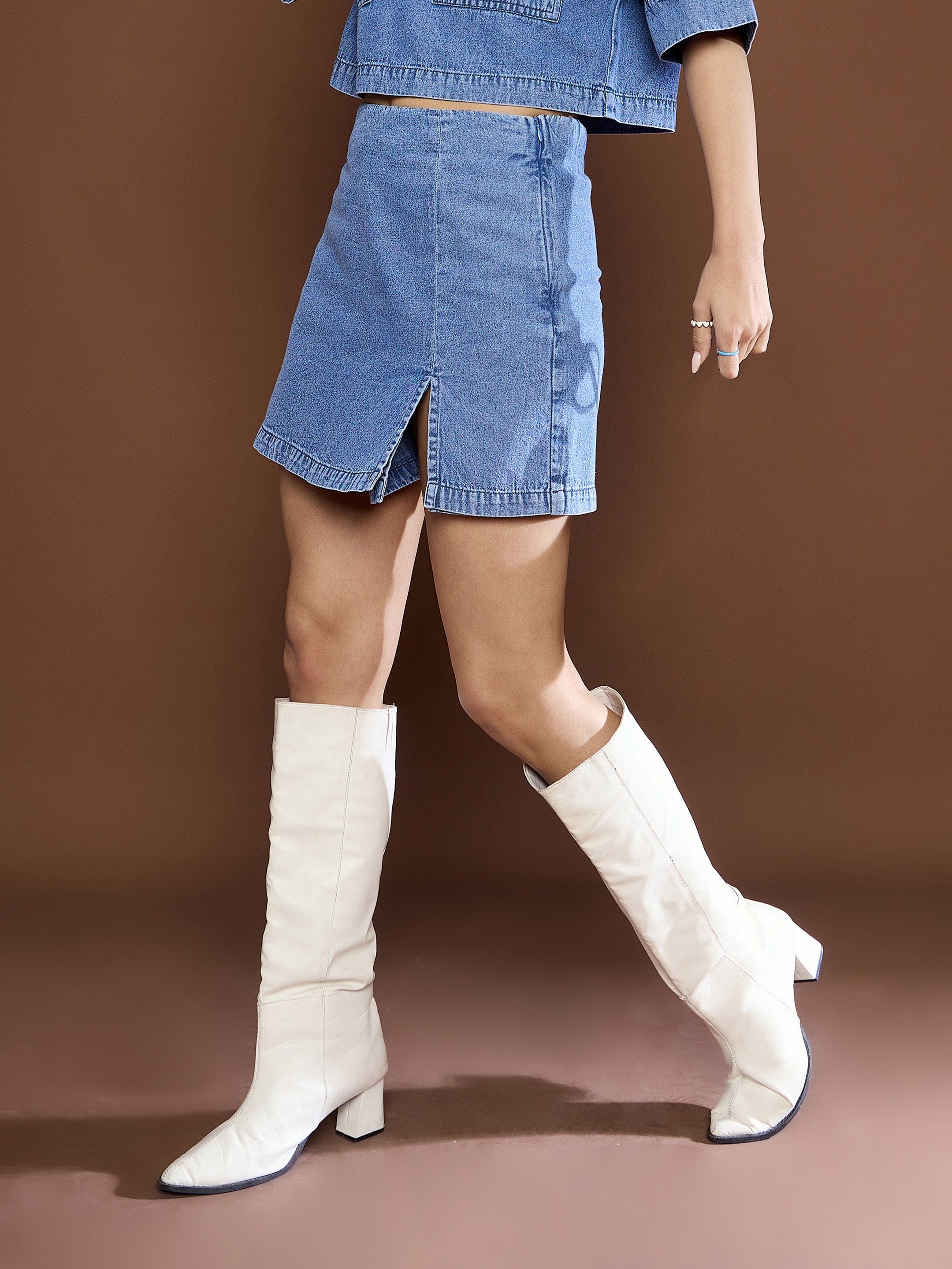Women Blue Blast Denim Front Slit Skorts-SFSKRT30508