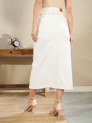 Women White Front Slit Midi Skirt-SFSKRT30509