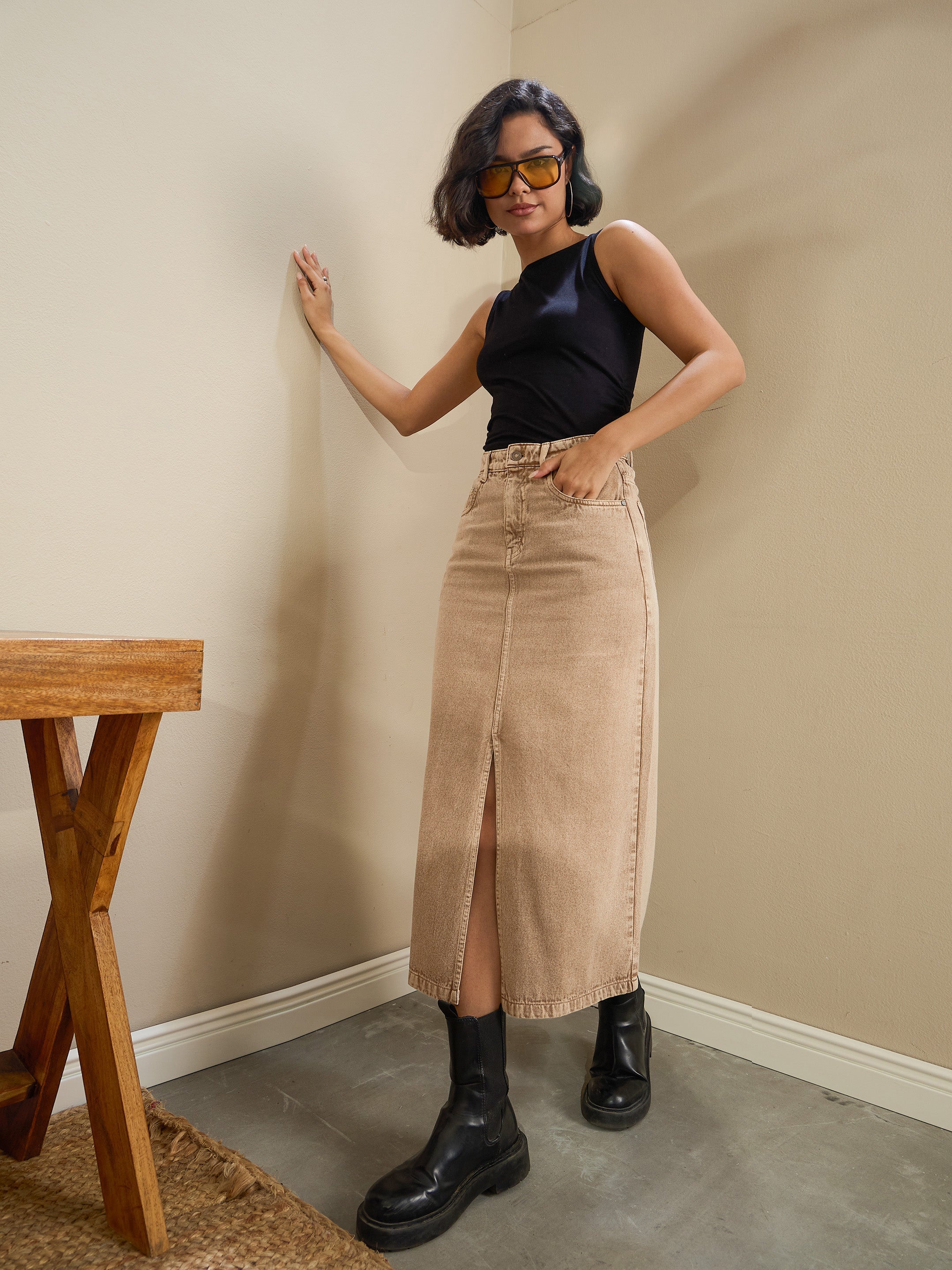 Women Beige Front Slit Midi Skirt-SFSKRT30510
