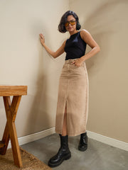Women Beige Front Slit Midi Skirt-SFSKRT30510