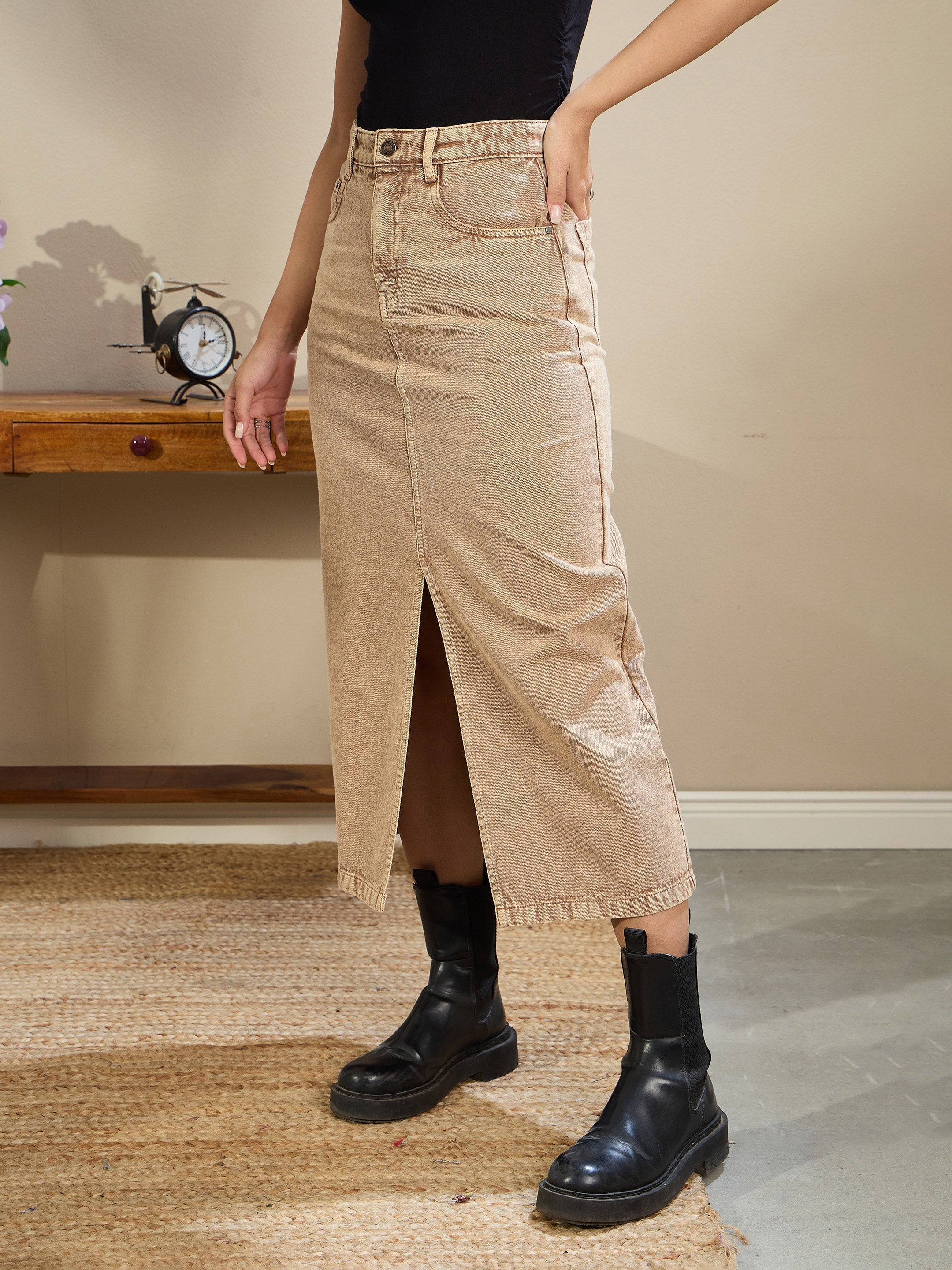 Women Beige Front Slit Midi Skirt-SFSKRT30510