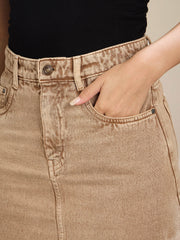 Women Beige Front Slit Midi Skirt-SFSKRT30510