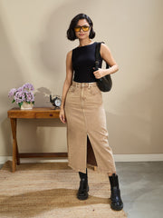 Women Beige Front Slit Midi Skirt-SFSKRT30510