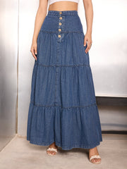 Women Blue Washed Denim Tiered Maxi Skirt-SFSKRT30517