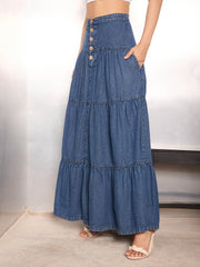 Women Blue Washed Denim Tiered Maxi Skirt-SFSKRT30517