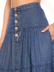 Women Blue Washed Denim Tiered Maxi Skirt-SFSKRT30517