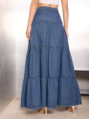 Women Blue Washed Denim Tiered Maxi Skirt-SFSKRT30517