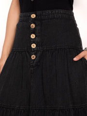 Women Black Washed Denim Tiered Maxi Skirt-SFSKRT30518