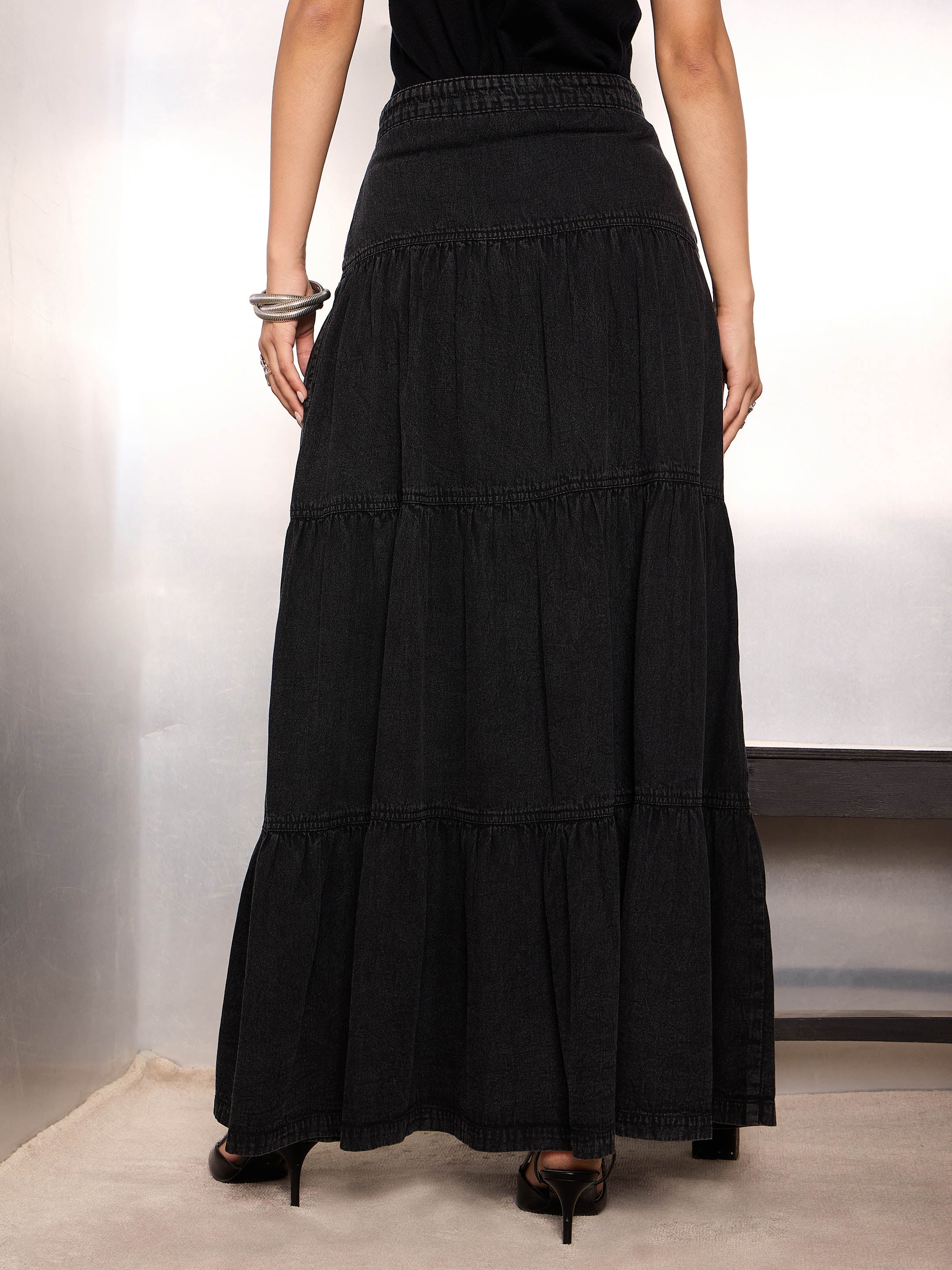 Women Black Washed Denim Tiered Maxi Skirt-SFSKRT30518