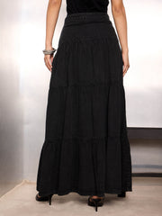 Women Black Washed Denim Tiered Maxi Skirt-SFSKRT30518
