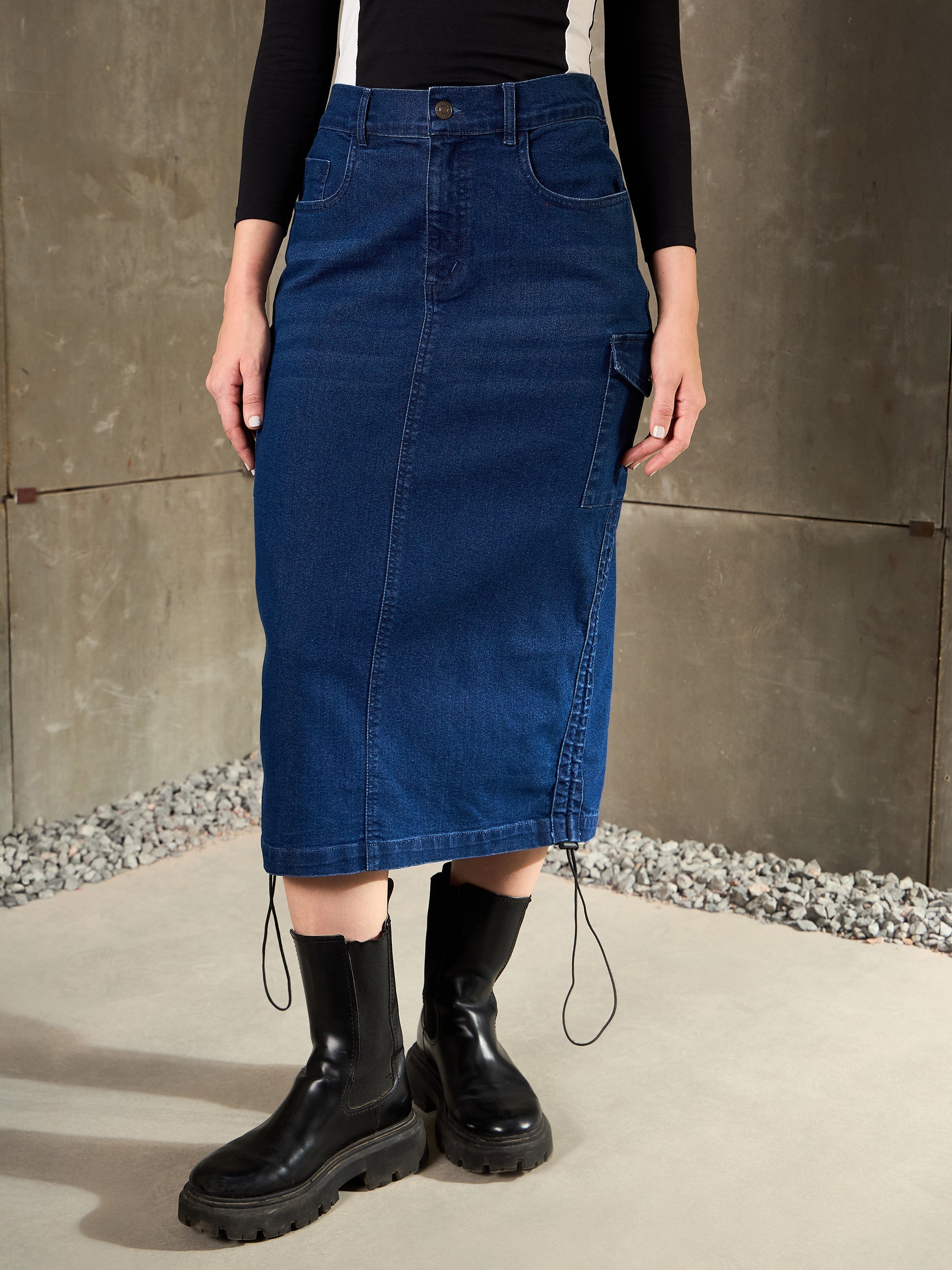 Women Navy Blue Denim Side Ruching Pencil Skirt-SFSKRT30525