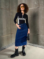 Women Navy Blue Denim Side Ruching Pencil Skirt-SFSKRT30525