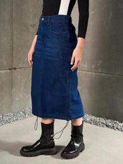 Women Navy Blue Denim Side Ruching Pencil Skirt-SFSKRT30525