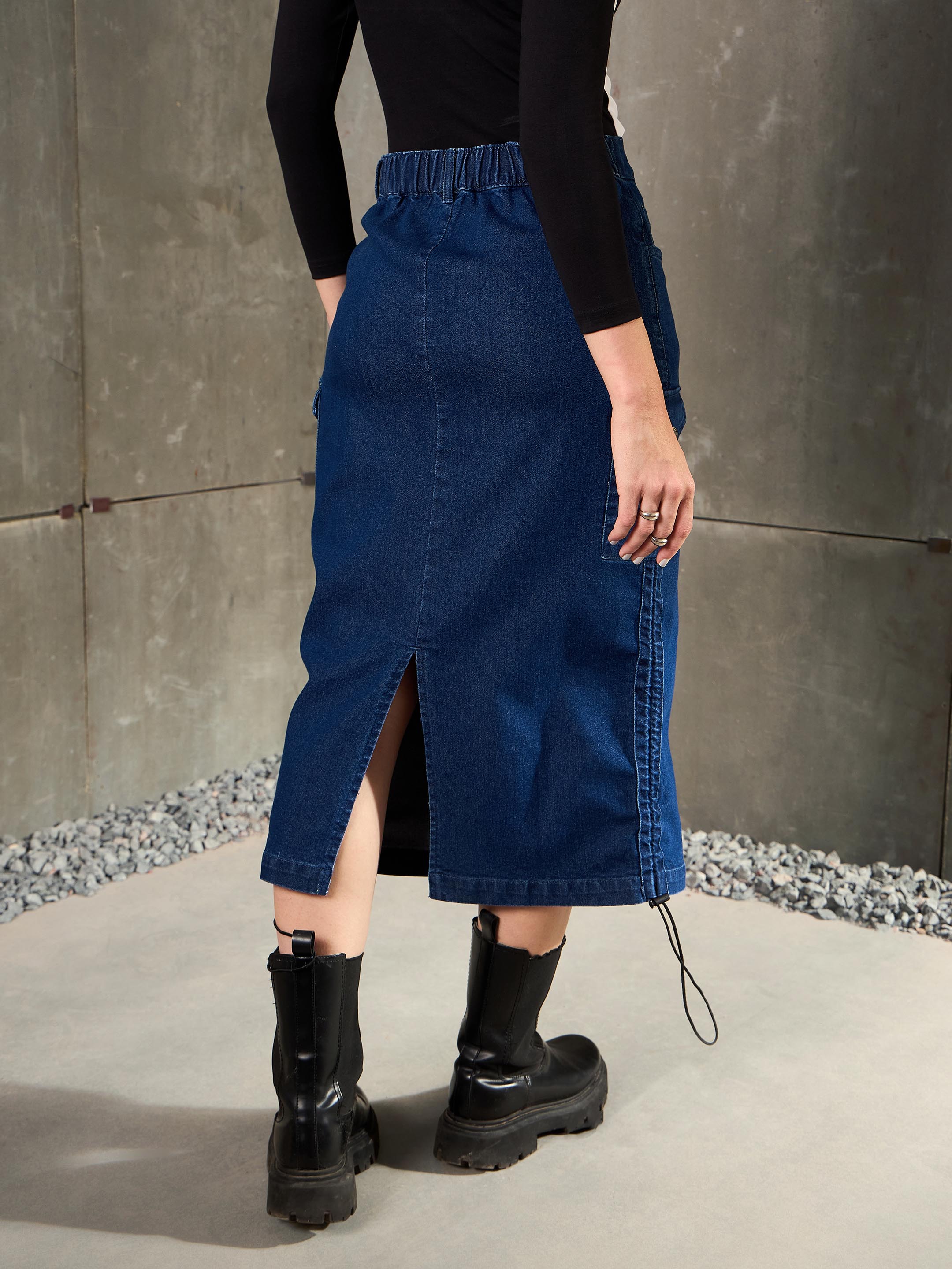 Women Navy Blue Denim Side Ruching Pencil Skirt-SFSKRT30525