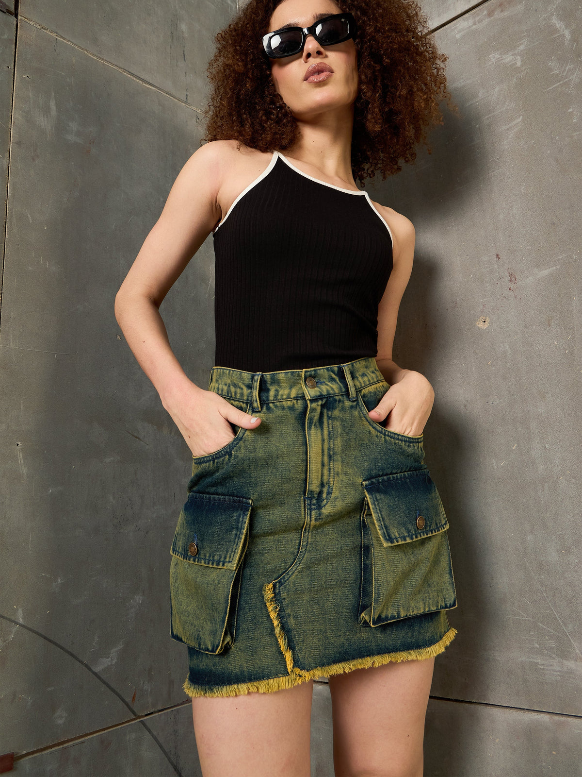 Women Green Washed Denim Fring Mini Skirt-SFSKRT30526