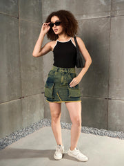 Women Green Washed Denim Fring Mini Skirt-SFSKRT30526
