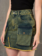 Women Green Washed Denim Fring Mini Skirt-SFSKRT30526