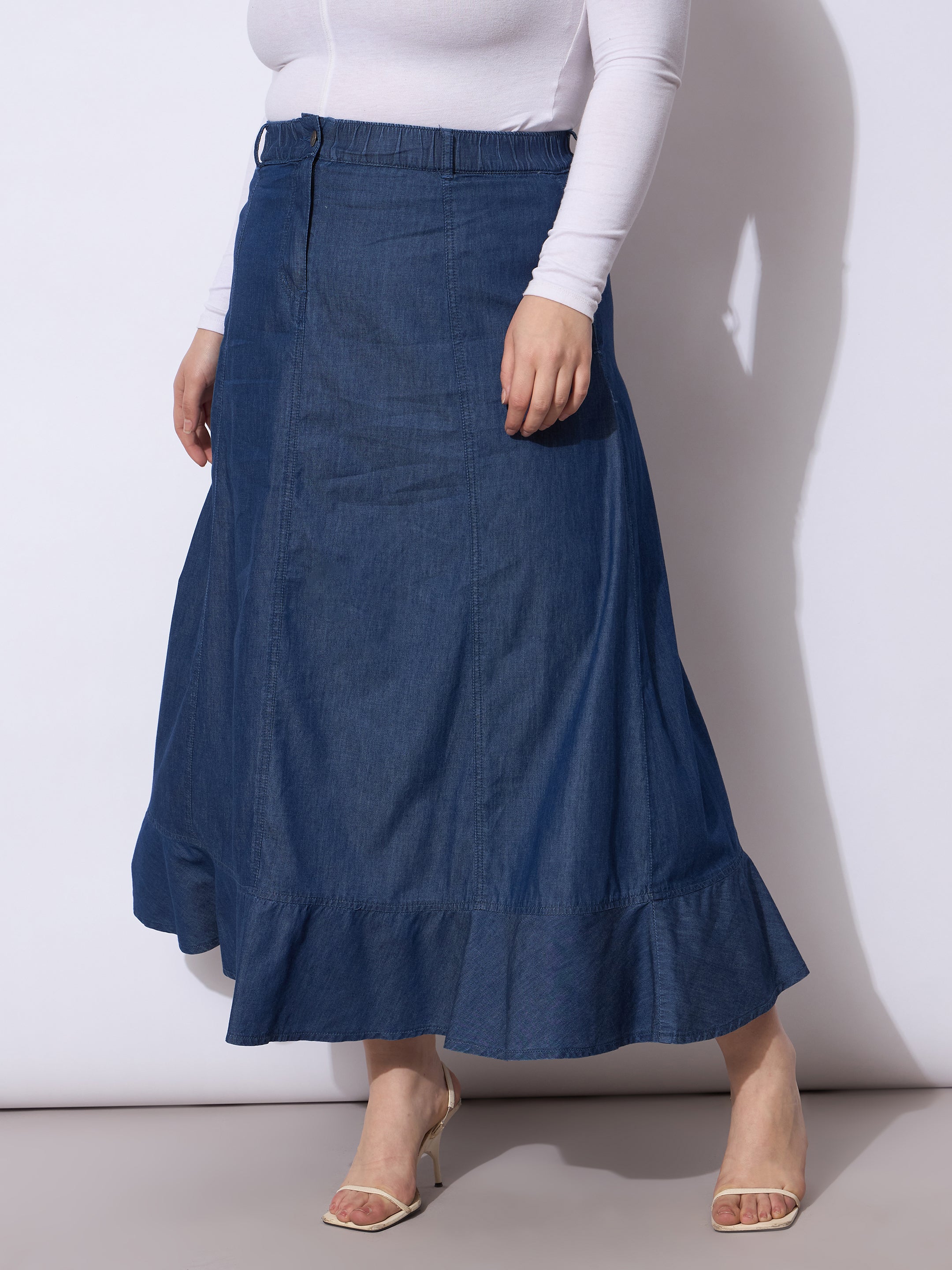 Women Blue Wash Tencil Frill Hem Skirt-SFSKRT30532