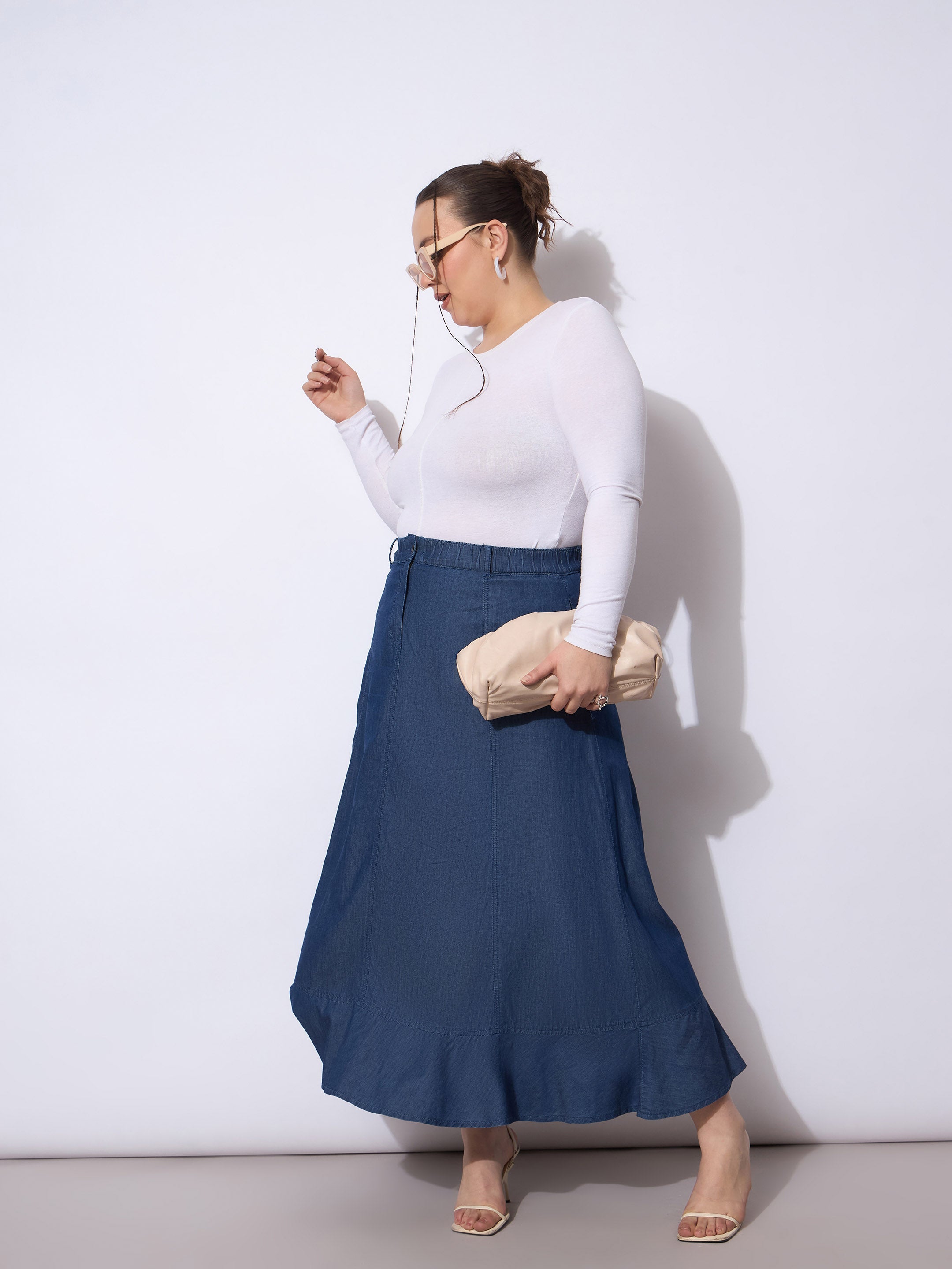 Women Blue Wash Tencil Frill Hem Skirt-SFSKRT30532