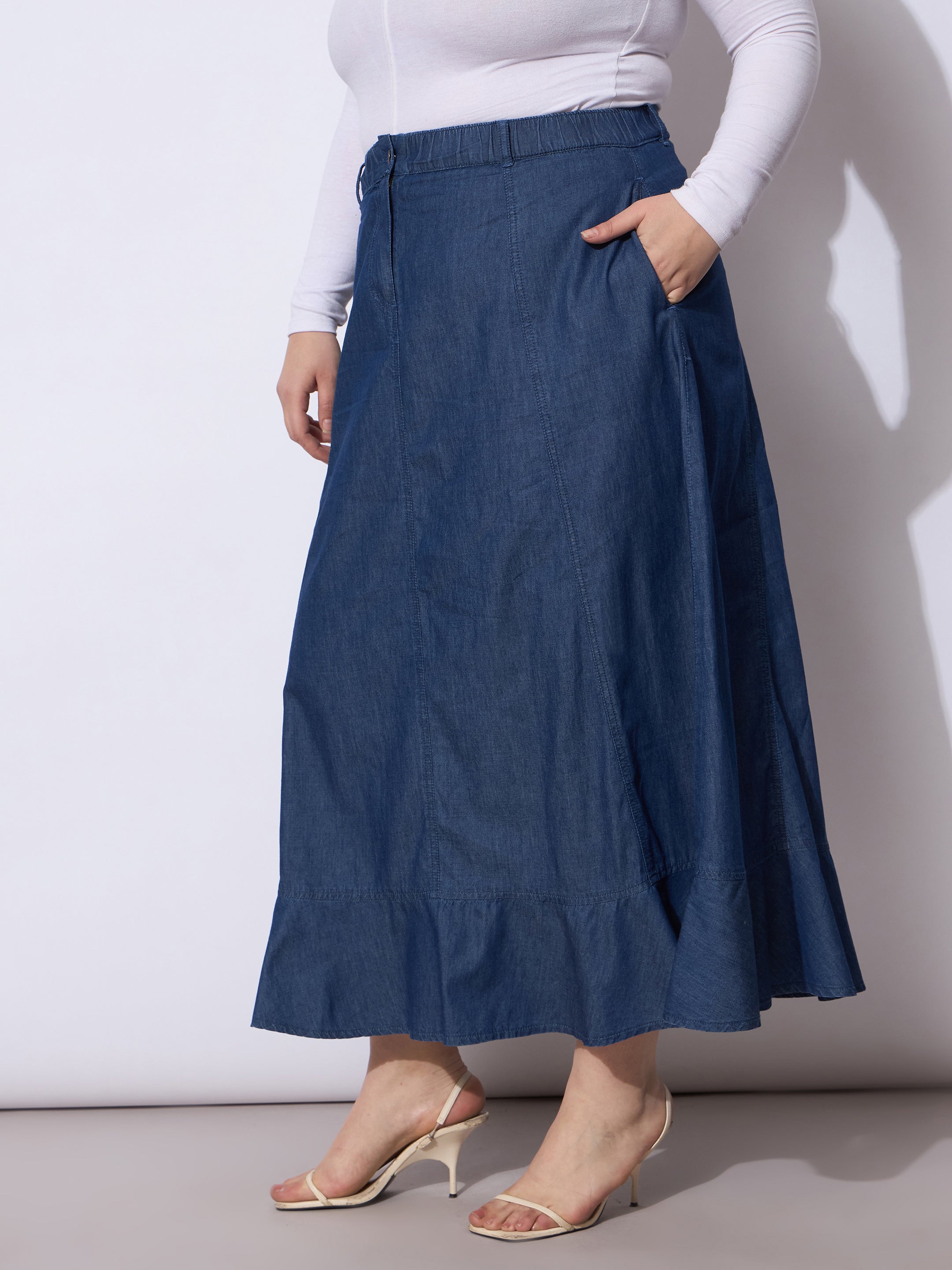 Women Blue Wash Tencil Frill Hem Skirt-SFSKRT30532