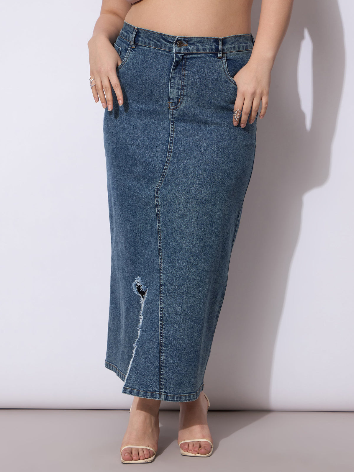 Women Blue Acid Denim Wash Front Slit Skirt-SFSKRT30534