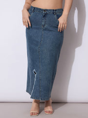 Women Blue Acid Denim Wash Front Slit Skirt-SFSKRT30534