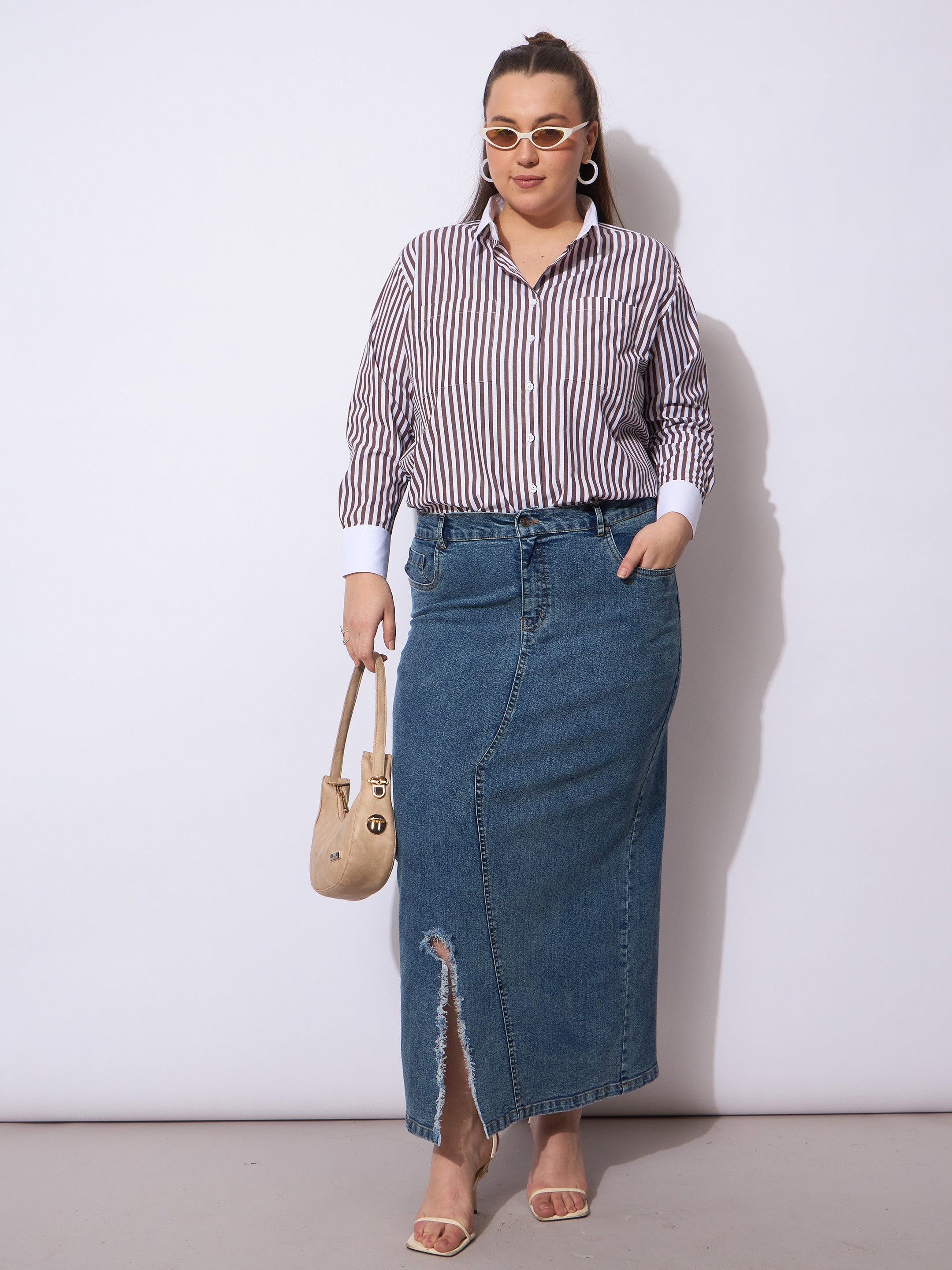 Women Blue Acid Denim Wash Front Slit Skirt-SFSKRT30534