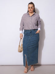 Women Blue Acid Denim Wash Front Slit Skirt-SFSKRT30534