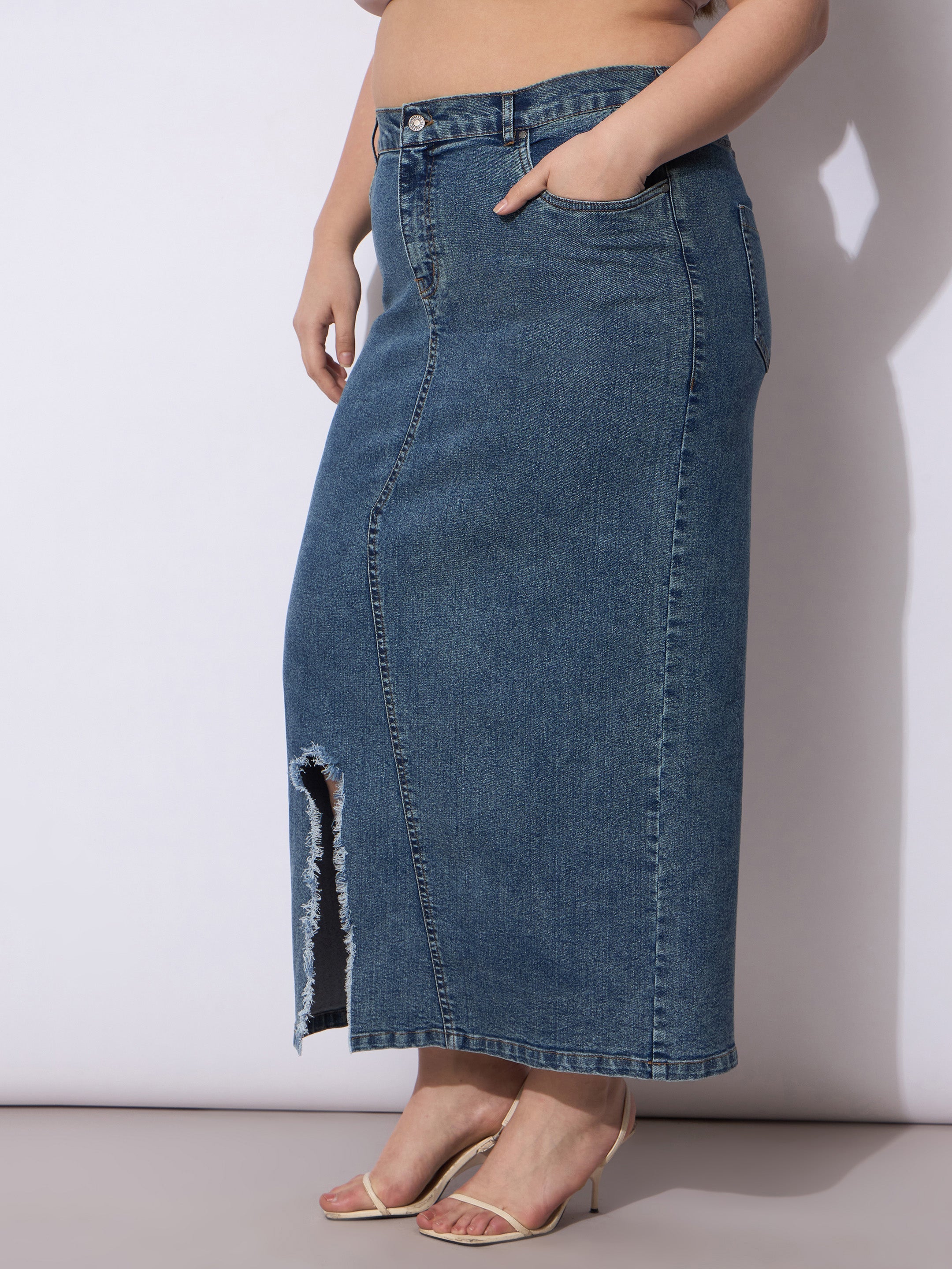 Women Blue Acid Denim Wash Front Slit Skirt-SFSKRT30534