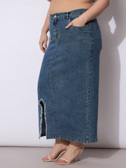 Women Blue Acid Denim Wash Front Slit Skirt-SFSKRT30534