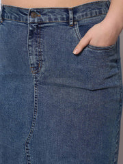 Women Blue Acid Denim Wash Front Slit Skirt-SFSKRT30534