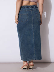 Women Blue Acid Denim Wash Front Slit Skirt-SFSKRT30534