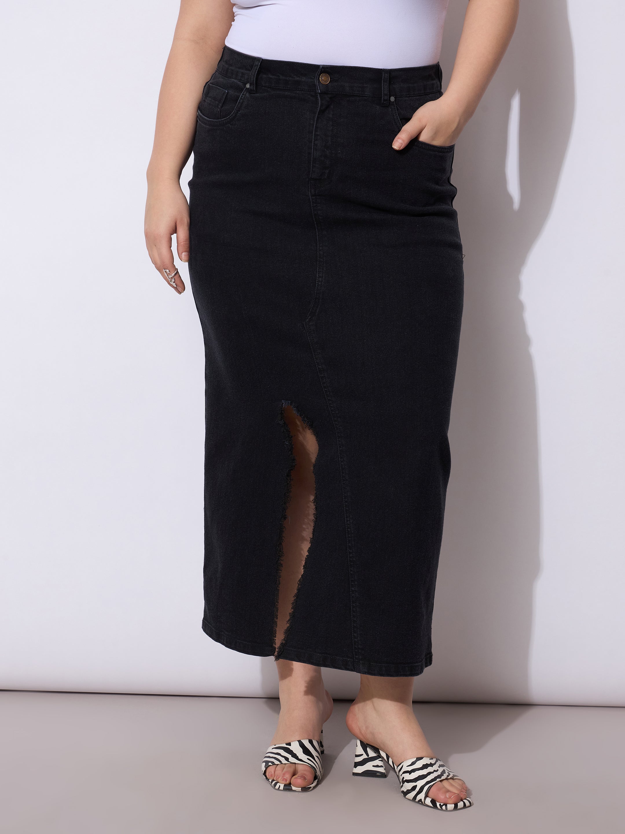 Women Black Wash Denim Front Slit Skirt-SFSKRT30535