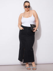 Women Black Wash Denim Front Slit Skirt-SFSKRT30535