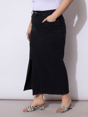 Women Black Wash Denim Front Slit Skirt-SFSKRT30535