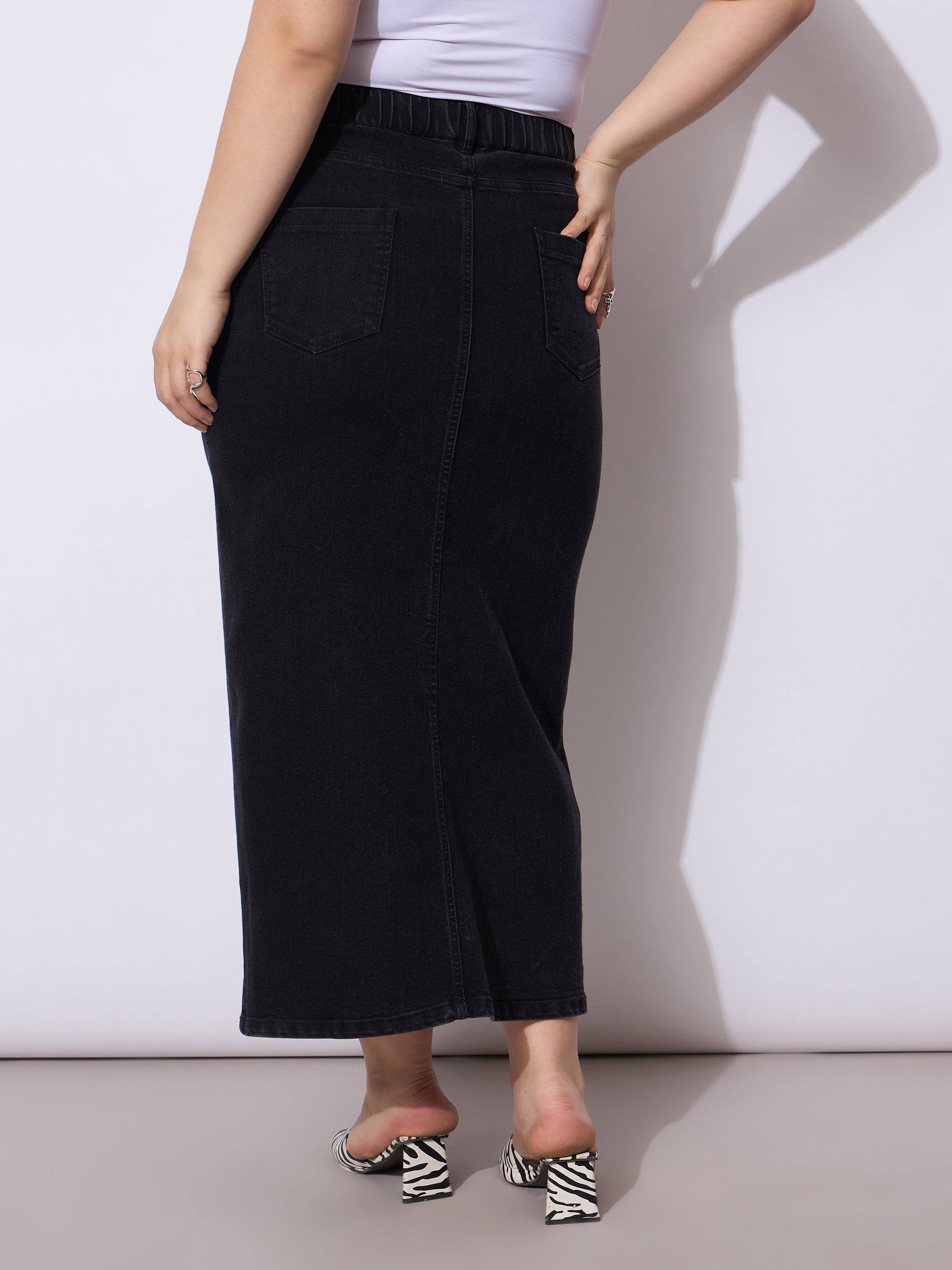 Women Black Wash Denim Front Slit Skirt-SFSKRT30535