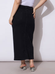 Women Black Wash Denim Front Slit Skirt-SFSKRT30535