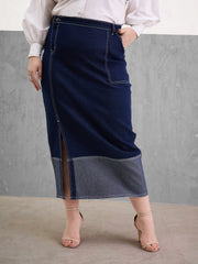 Women Navy Denim Side Slit Skirt-SFSKRT30538